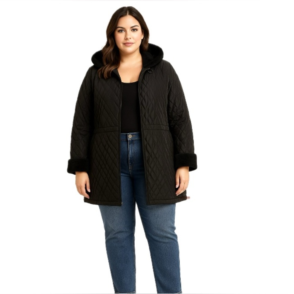 Dennis Basso, Women's Quilted Hooded Jacket black, size 2x